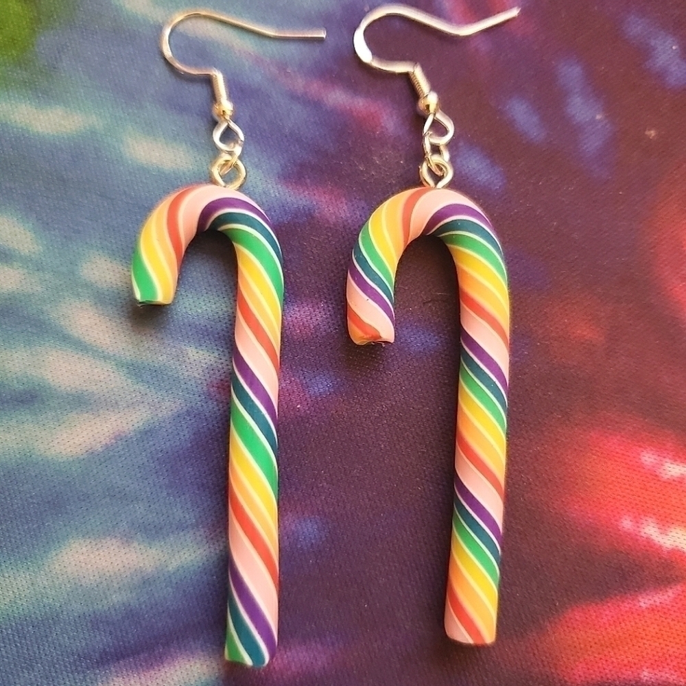 Handmade Rainbow Striped Candy Cane Dangle Earrings